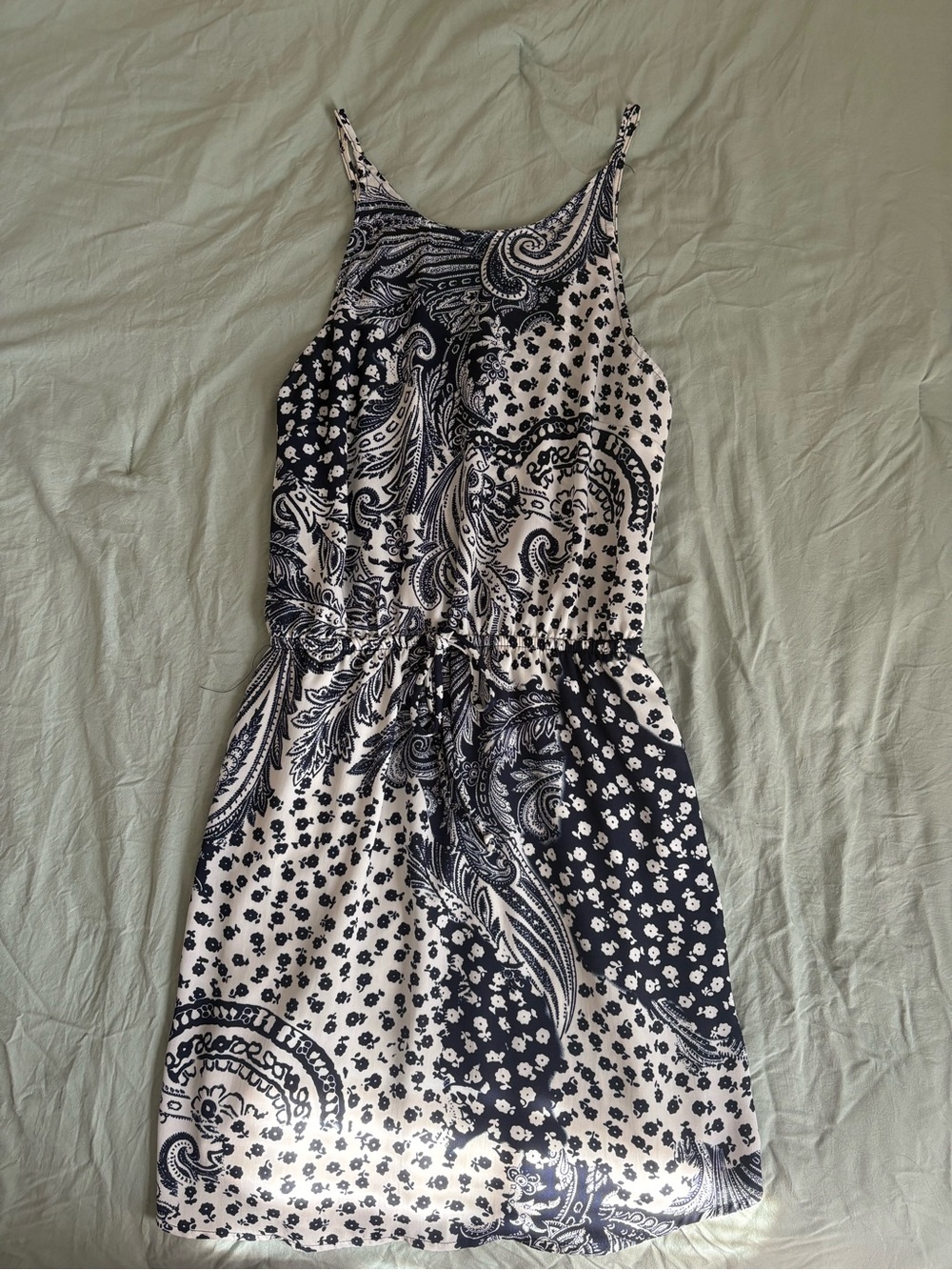 Aqua Navy and White Paisley-Print Mini Dress